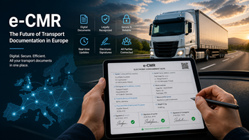 Fahrer nutzt ein Tablet mit digitalem CMR-Dokument, während der Lkw-Transport in Europa läuft – steht für moderne Logistik-Digitalisierung