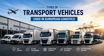 Verschiedene Transportfahrzeuge in der europäischen Logistik, darunter Liefertransporter, Lkw, Sattelauflieger und Kühlfahrzeuge